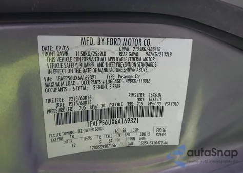 2006 Ford Taurus Sel z USA, uszkodzony, nr VIN 1FAFP56UX6A169321